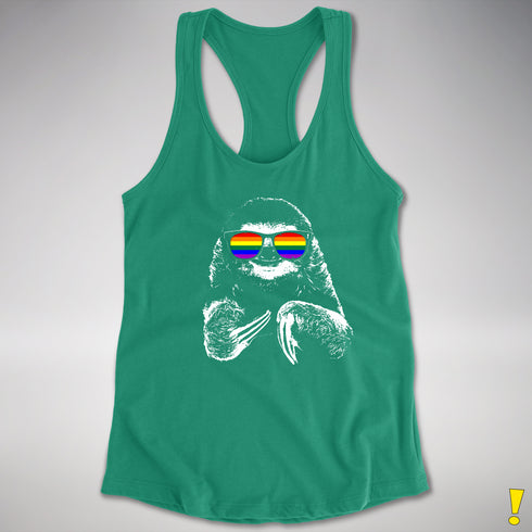Pride Sloth LGBTQ Flag Sunglasses Women's Racerback Tank - Kelly Green